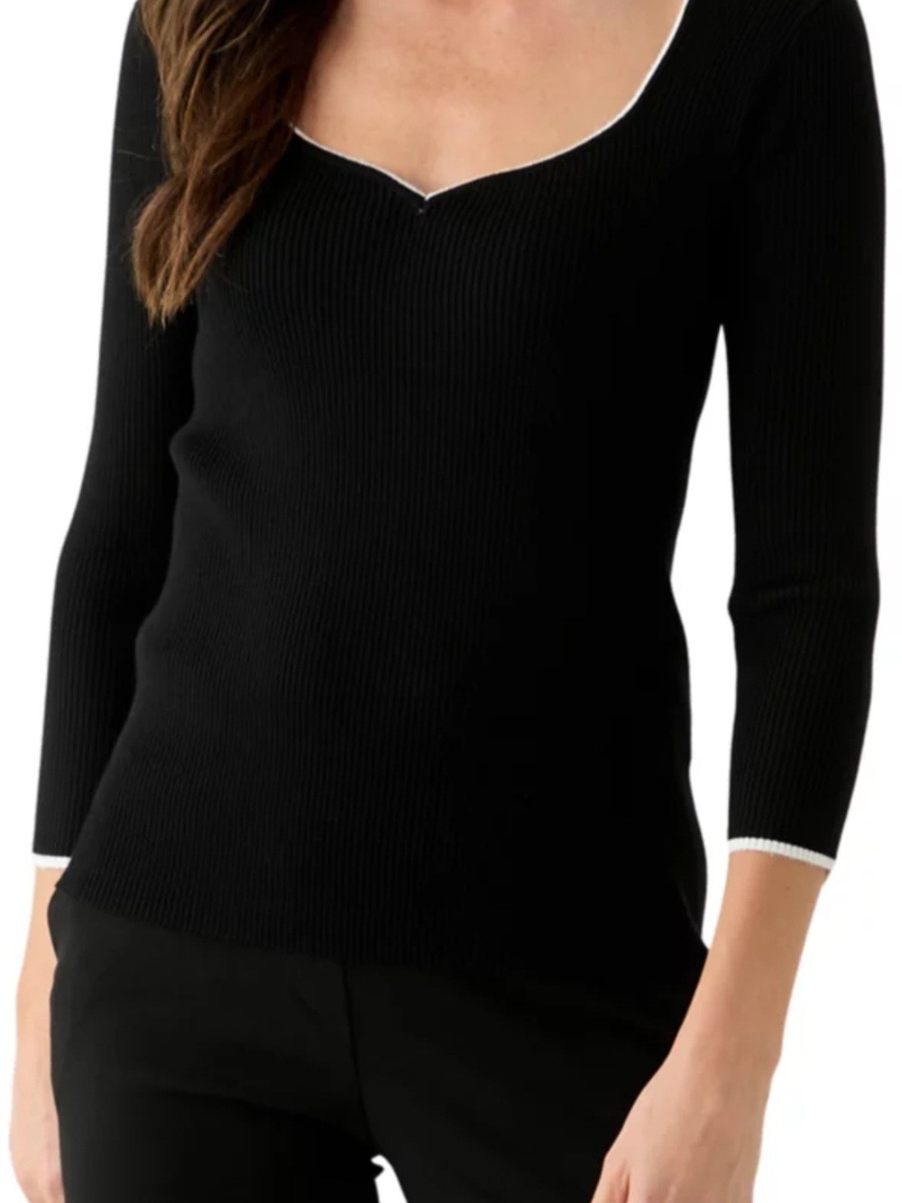 T Tahari Black Sweetheart Neck Sweater With White Edging Sz Xl NWT